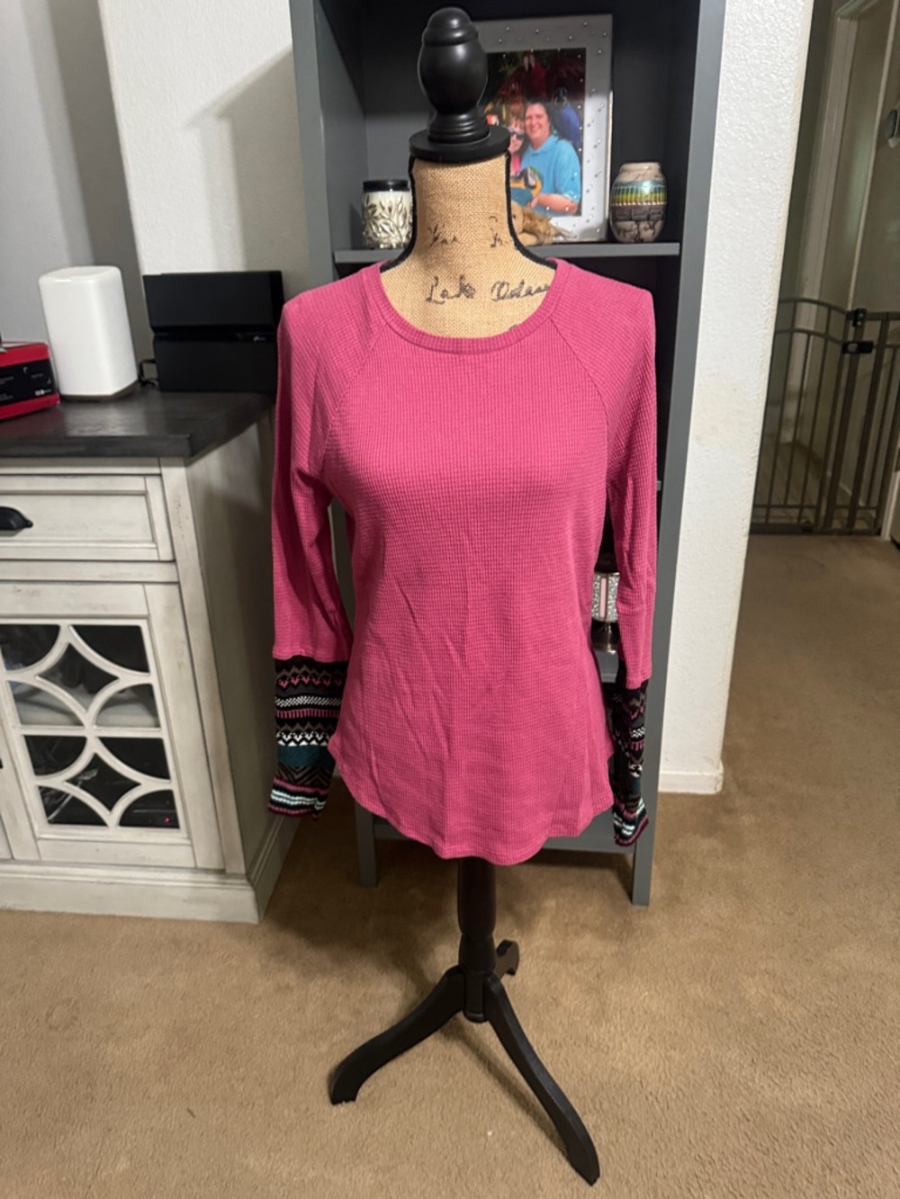 beachlunchlounge Pink Waffle Knit Long Sleeve Top with Patterned Sleeve Cuffs S